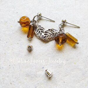 Whiskey Cognac Colored Beaded Leaf Earrings - Lightweight Cluster Earrings